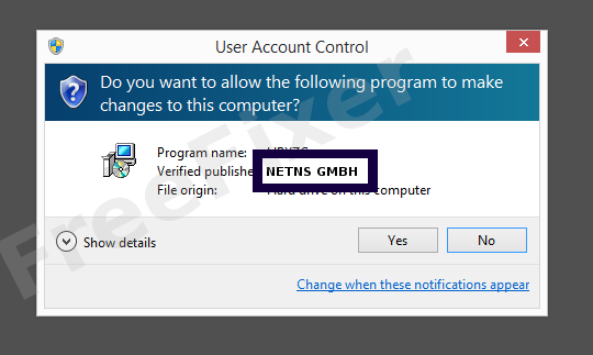 Screenshot where NETNS GMBH appears as the verified publisher in the UAC dialog